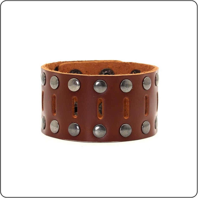 Fusamk Punk Rock Double Row Rivets Wristband Hollow Wide Leather Cuff Bracelet - Image 2